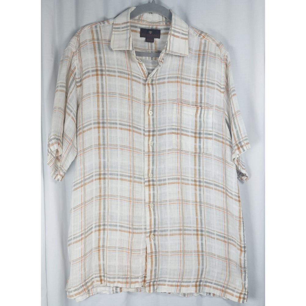 Toscano Mens Button Up‎ Shirt Off White Tan Plaid 100% Linen Summer Lightweight